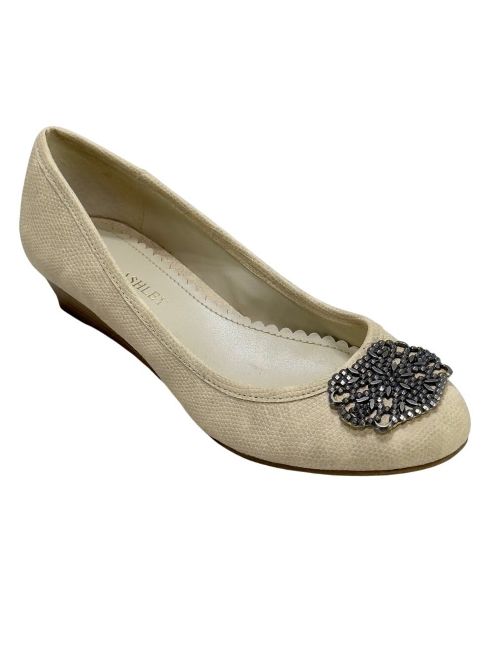 LAURA ASHLEY Women's Beige Wedge Flats Embellished Toe Faux Leather Size 7B